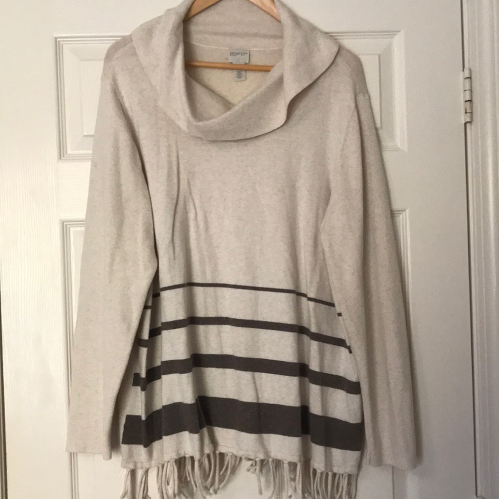 Chico’s Cream and Brown Stripe Fringe Sweater